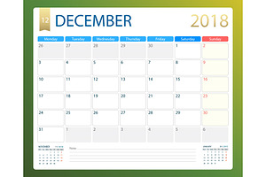 DECEMBER 2018, Illustration Vector Calendar Or Desk Planner, Weeks Start On Monday