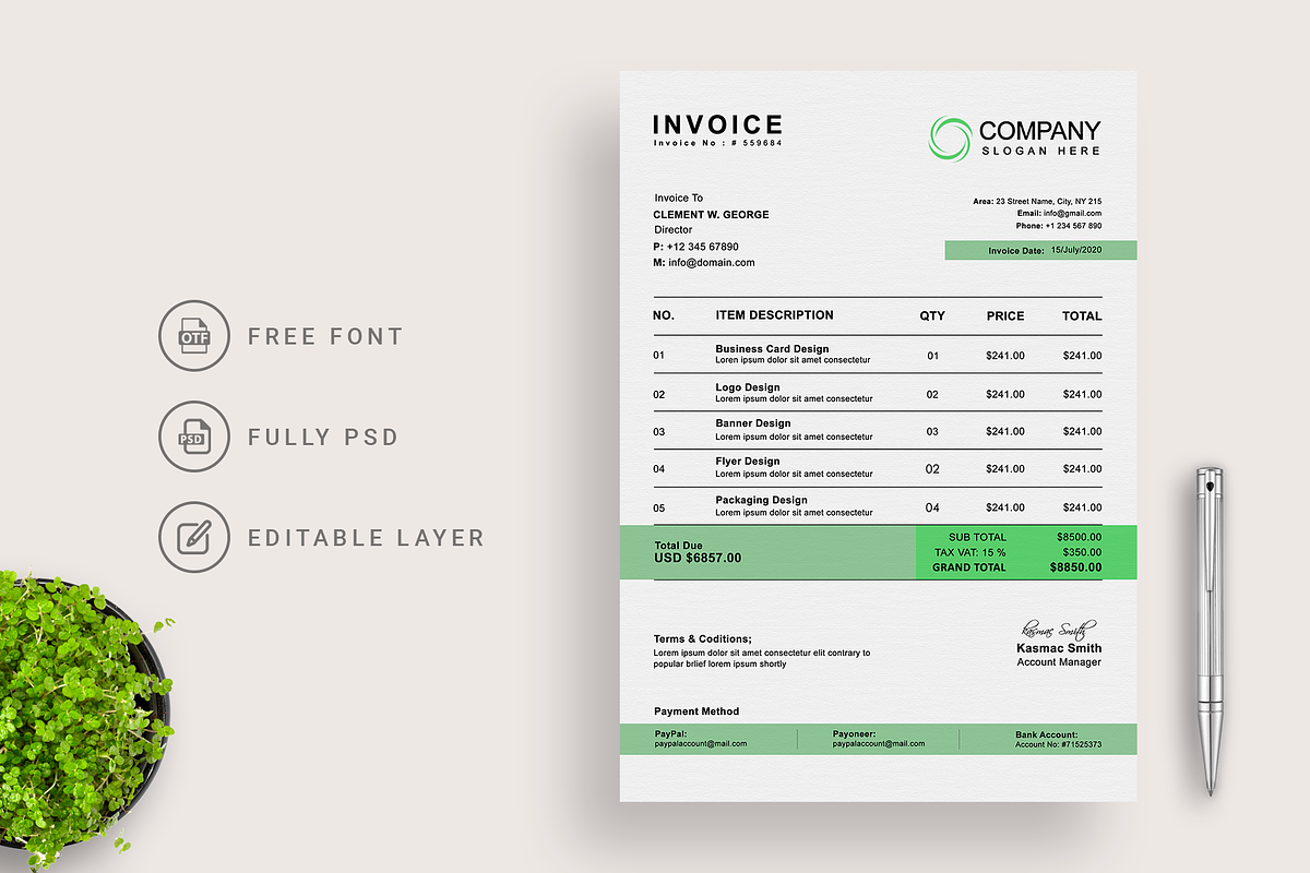 Corporate Invoice Template Green, a Stationery Template by Smashing_Studio