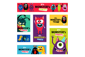 Monsters Banners Set Or Monster Labels For Kids Diary Design