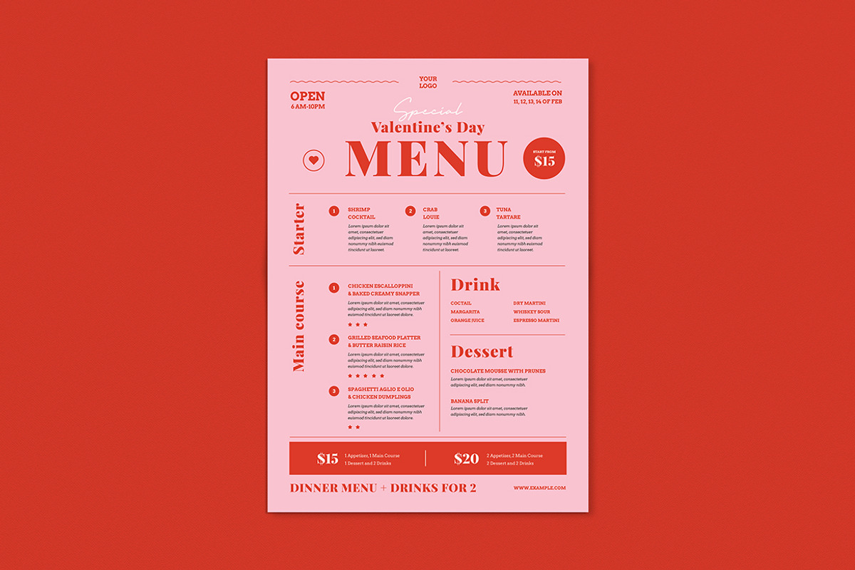 Valentines Day Menu, a Flyer Template by VectorVactory (Photo 1 of 3)