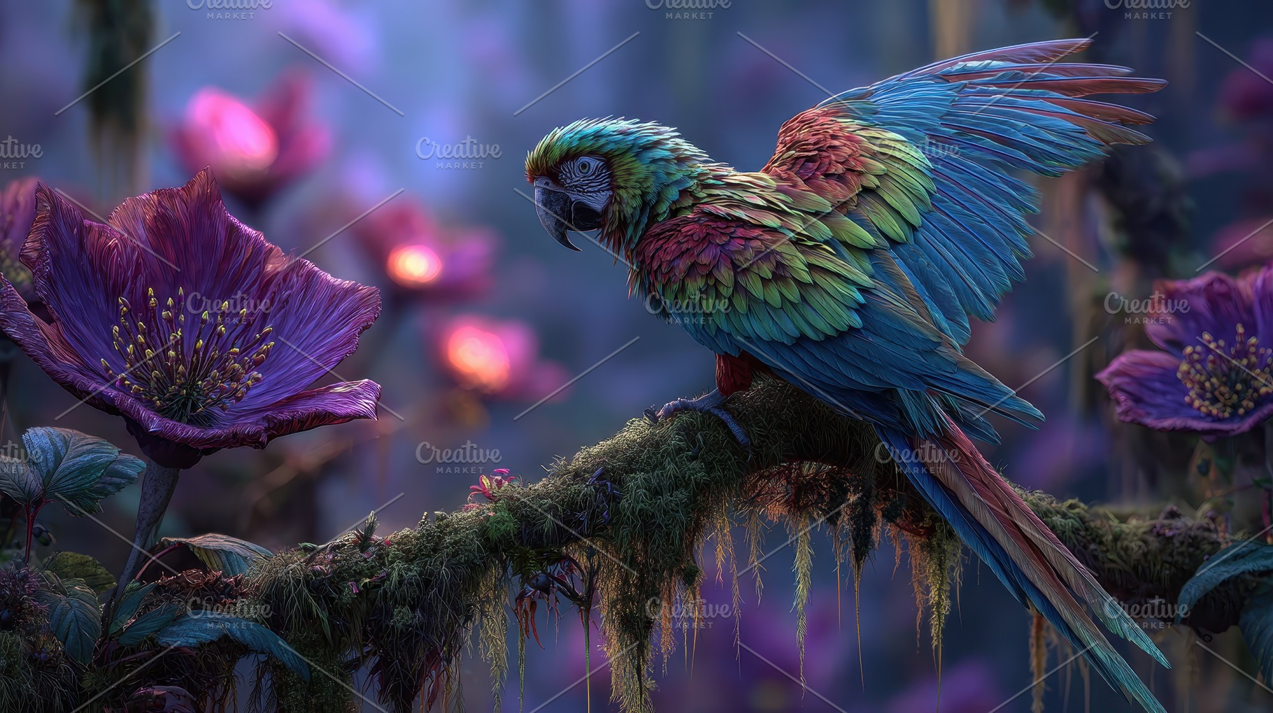 Vibrant Macaw Perched on Mossy Branc, a Photo by Pixeness Studio