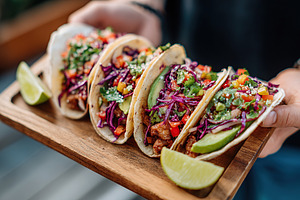 Delicious vegan tacos filled with beans served on a wooden platter at a local c, a Food & Drink Photo by AlyaAnd