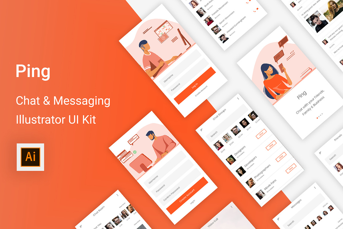 Chatting & Sharing Illustrator App, an UI Kit Template by themelove (Photo 1 of 11)
