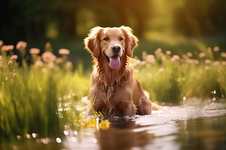 Retriever dog standing in water in the park, an Animal Photo by AlyaAnd