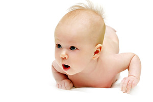 bright picture of crawling newborn baby girl, a Photo by saiko3p
