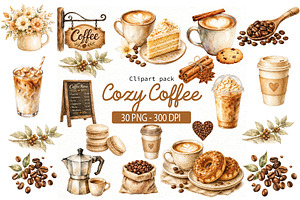 Watercolor Coffee Clipart Bundle PNG