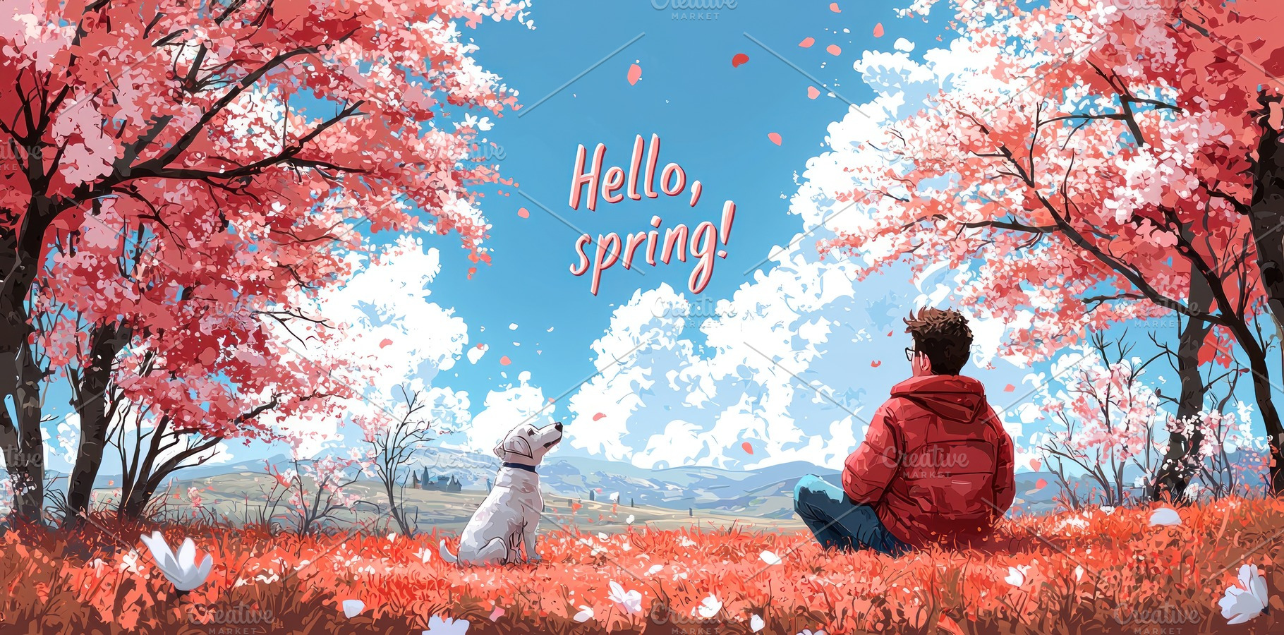 Man and dog sitting under blooming cherry blossom trees in a vib, a Holiday Photo by José Manuel Gelpi