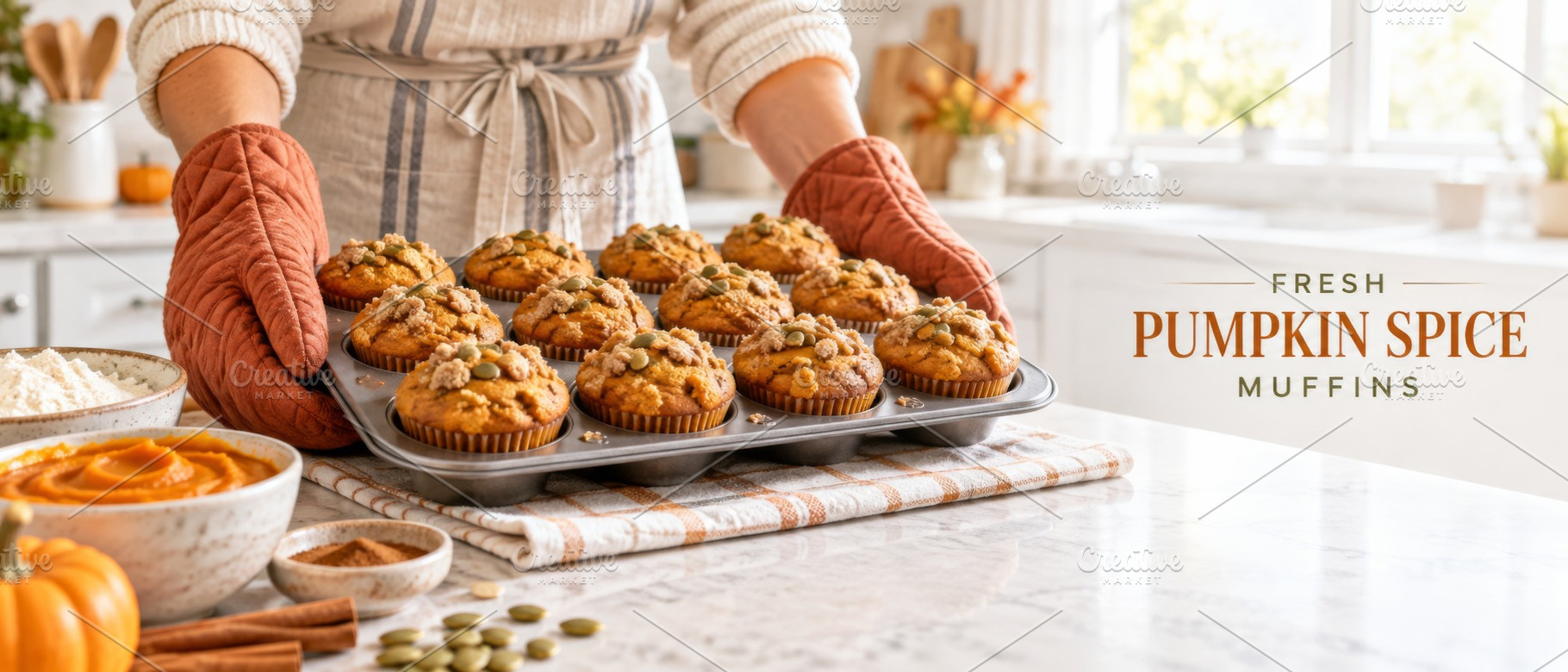Pumpkin spice muffins arranged on ba, a Photo by Dvoevnore photos