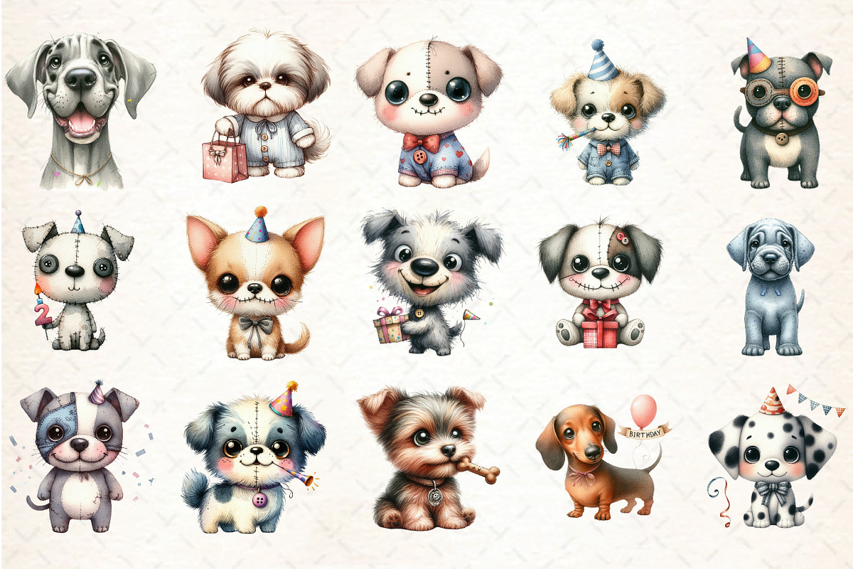 Funny Dog Birthday Clipart Set, an Animal Illustration by DreamCafeArt (Photo 3 of 8)