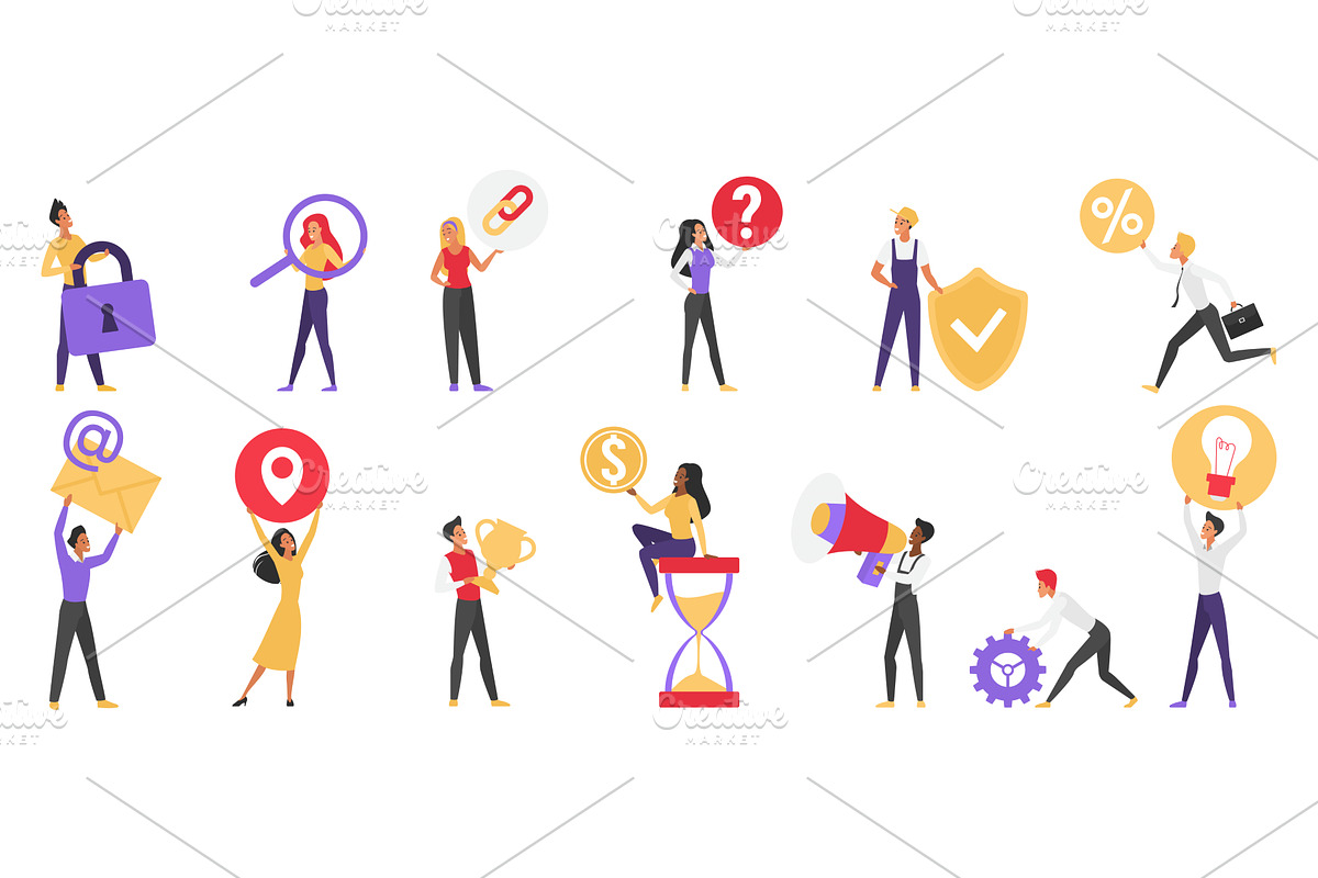 People hold different icons gold, an Object Illustration by Lemberg Vector