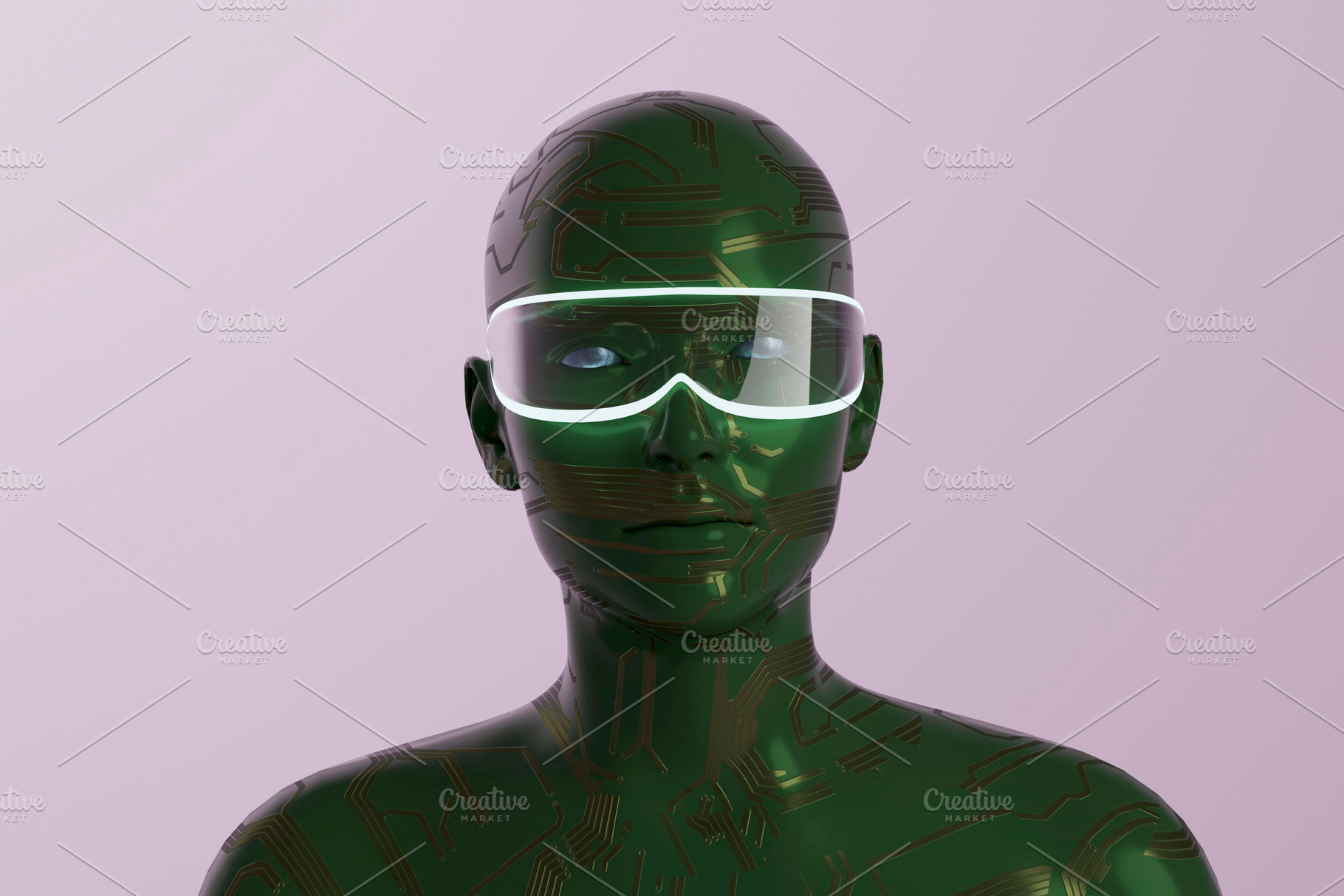 Green circuit humanoid wearing glowing smart visor, a Technology Photo by RF Images