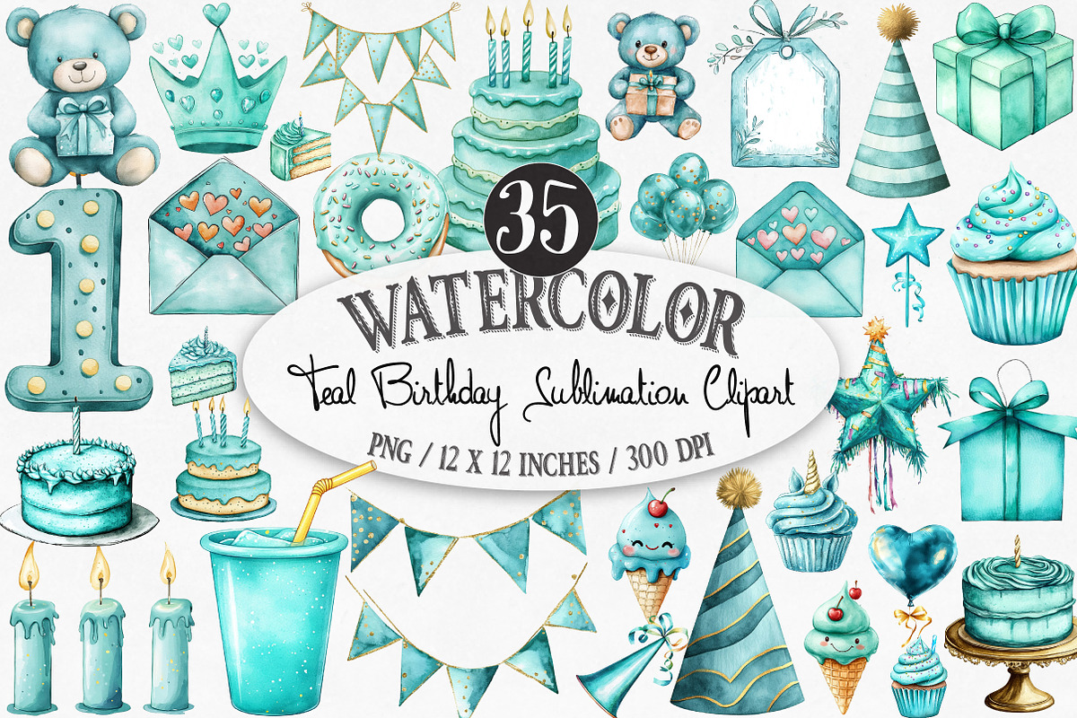 Teal Birthday Sublimation Clipart, an Illustration by Designking (Photo 1 of 4)