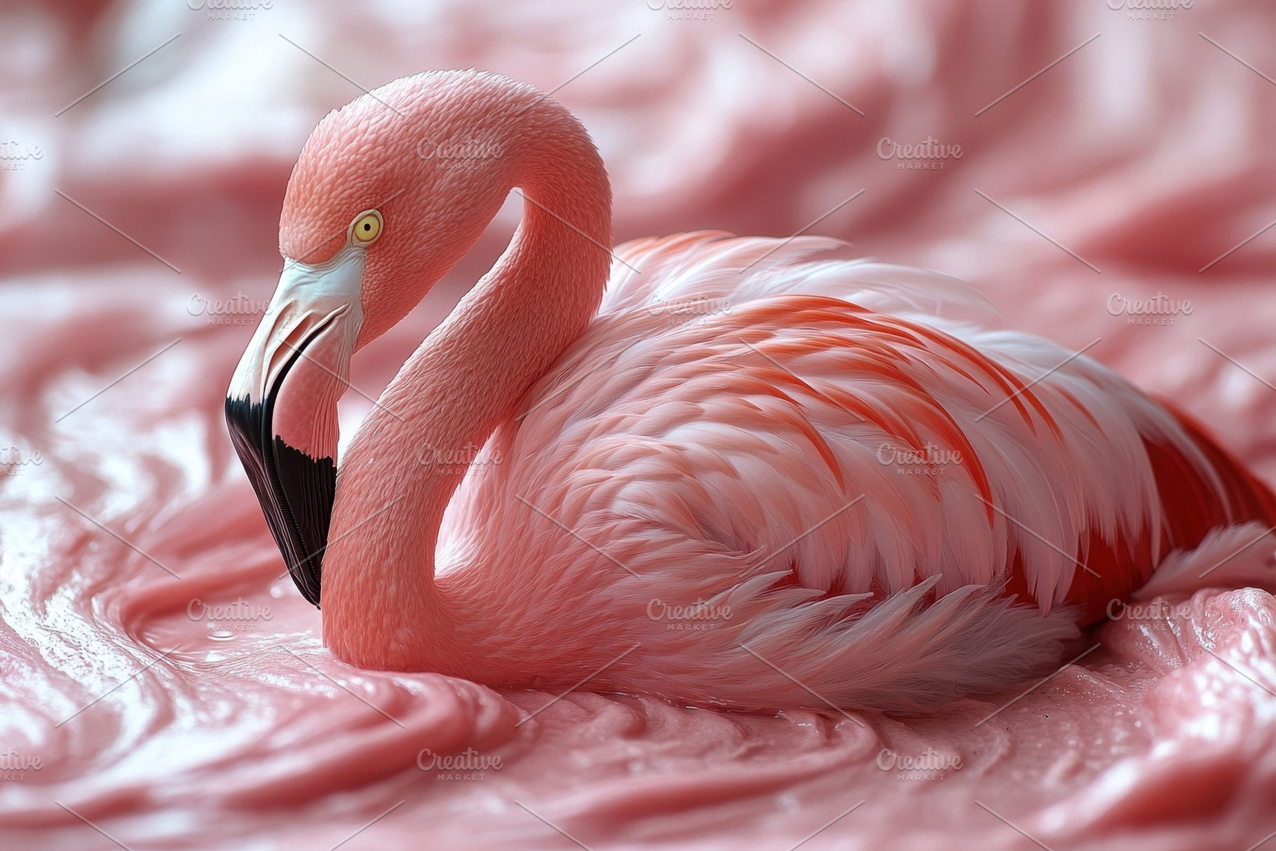 Flamingo resting gracefully on pink, a Photo by Tanuart