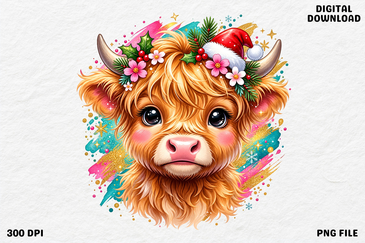 Cute Pink Christmas Highland Cow PNG, an Object Graphic by Zahyl Studio (Photo 1 of 7)
