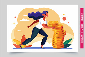 Woman blue hair runs with coins, an Illustration by Tanuart