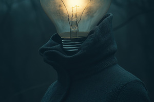 A surreal psycholinguist figure with a light bulb for a head, standing in a fog, a Person Photo by Textures & Backgrounds