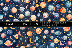 8 Baby Planets Seamless Patterns