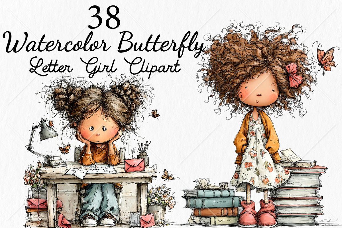 Watercolor Butterfly Letter Girl PNG, a Seasonal Illustration by Canvas Craft (Photo 1 of 10)