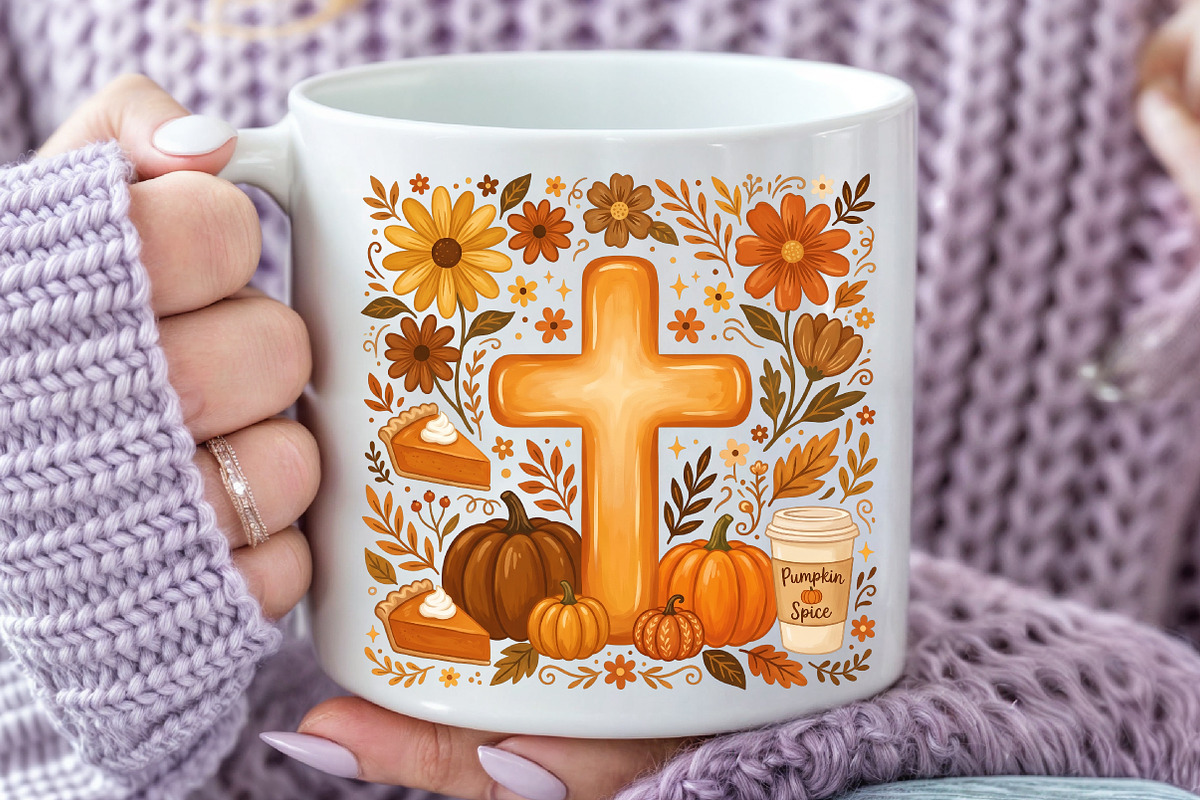Fall Christian Cross Sublimation PNG, a Seasonal Illustration by Rose Art