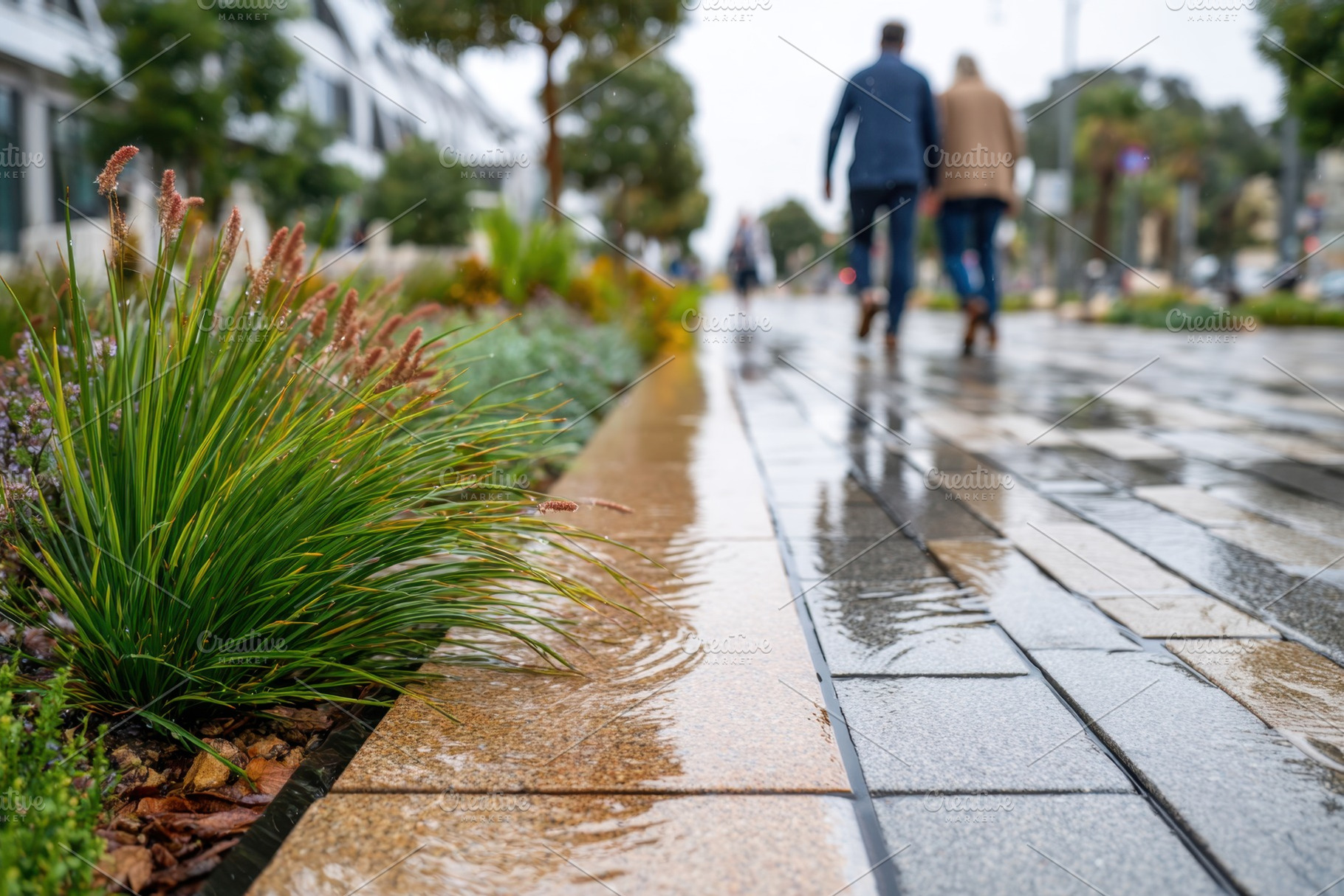 Rainy urban scene with greenery and pedestrians, a Nature Photo by AlyaAnd