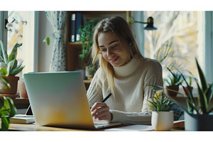 A smiling woman using a laptop and, a School & Education Photo by ZinetroN