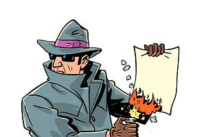 Male spy burns evidence. Security, a Person Illustration by rogistok