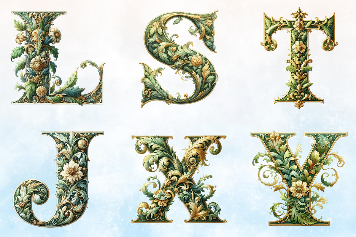 Watercolor Green & Gold Alphabet Cl, a Seasonal Illustration by Rose Art (Photo 5 of 5)