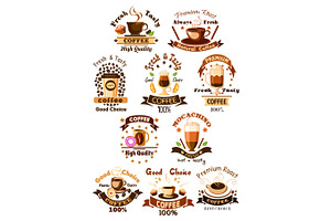 Coffee Cafe, Cafeteria Vector Emblems Set