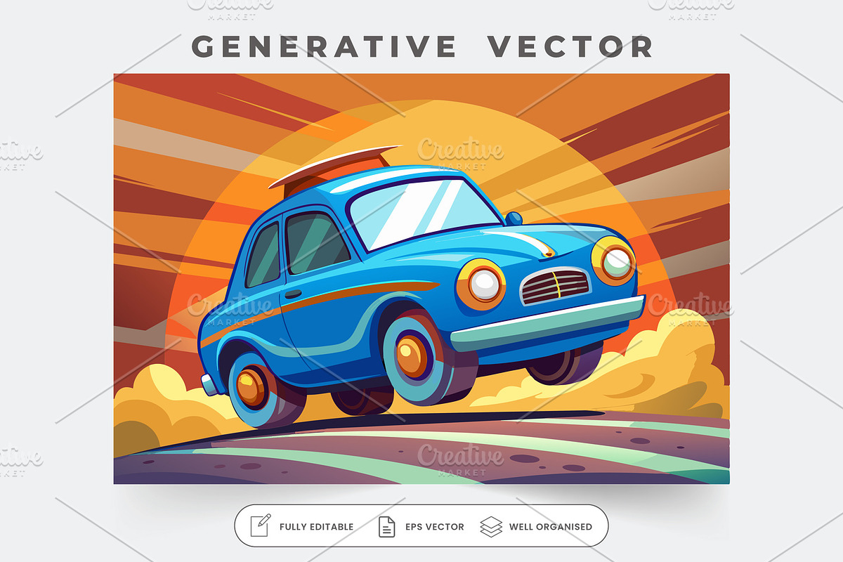 A vibrant blue cartoon car drives en, a Graphic by Iftikhar Alam