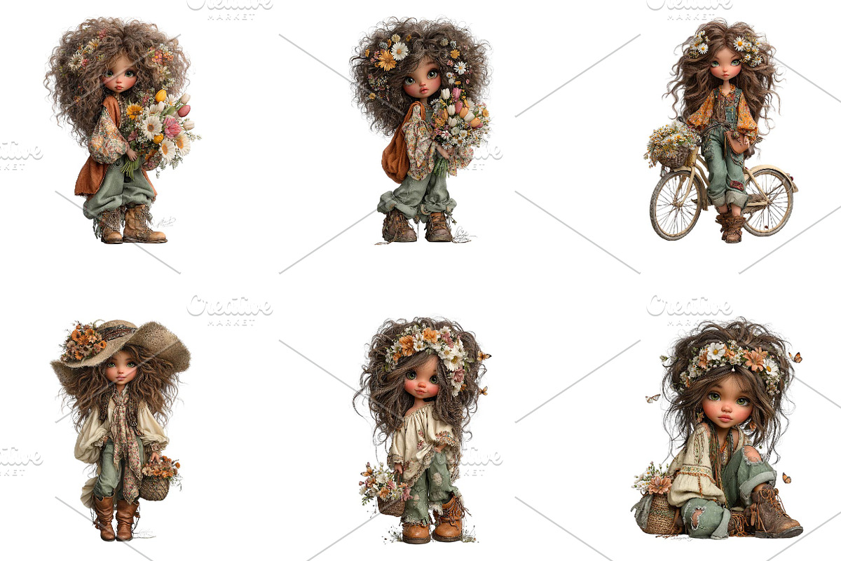 Spring Boho Girls Whimsical Cliparts, a Seasonal Illustration by CreationArt (Photo 4 of 5)