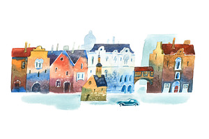 Watercolor Painting Of Old City Street In Europe With Chapel In The Middle And A Car