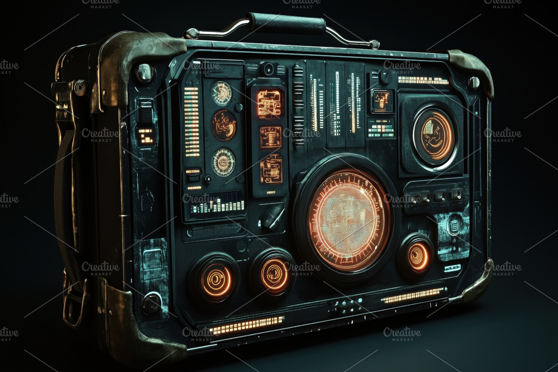 A futuristic, high-tech briefcase with glowing orange and blue elements, featur, an Industrial Photo by Textures & Backgrounds
