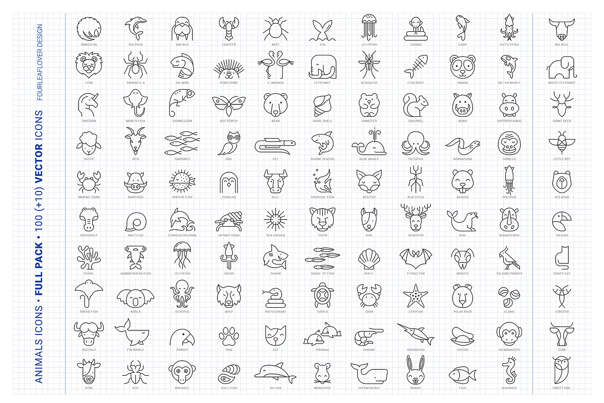 110 Thin Lines Animals Vector Icons, an Outline Icon by FourLeafLover (Photo 3 of 14)