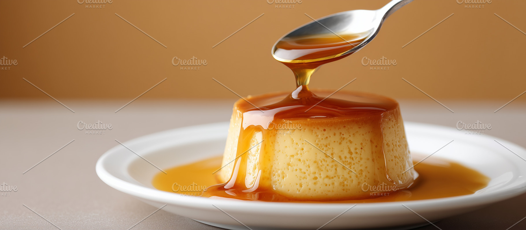 Close up on a creamy flan dessert, a Food & Drink Photo by MistyDay
