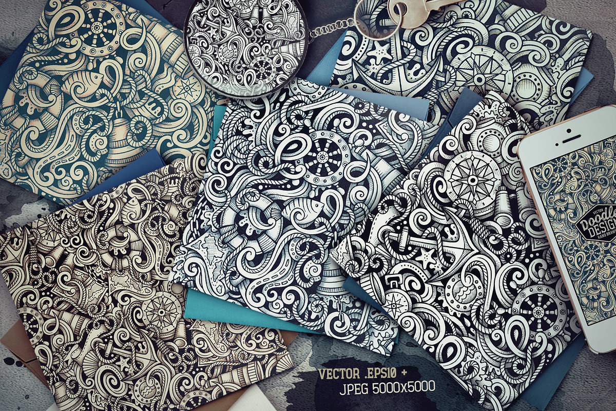 Nautical Graphics Doodles Patterns, an Object Illustration by BALABOLKA (Photo 2 of 6)