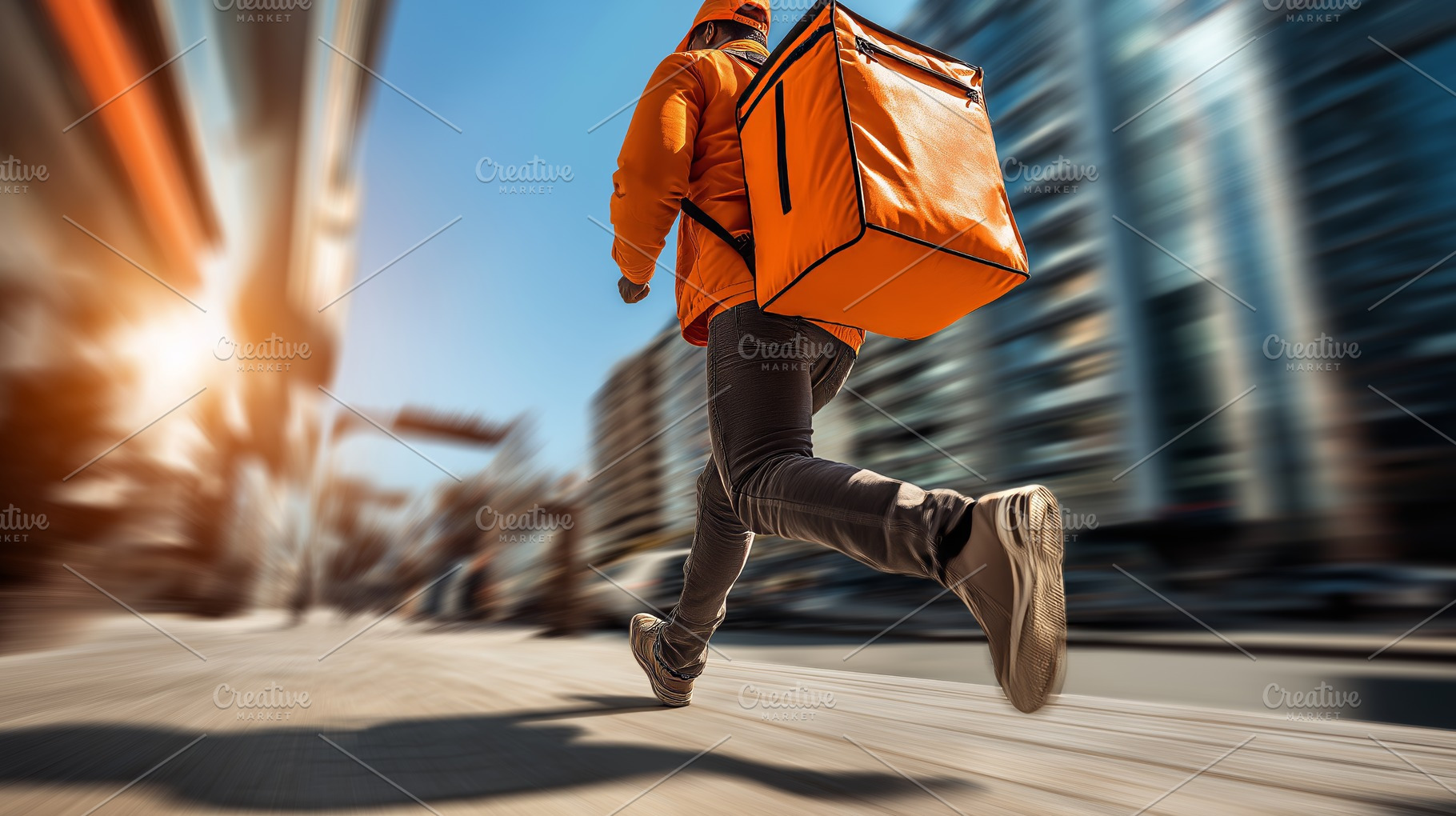 Dynamic Urban Food Delivery: Courier in Motion with Orange Backpack in Cityscap, a Person Photo by Ocean Digital Art
