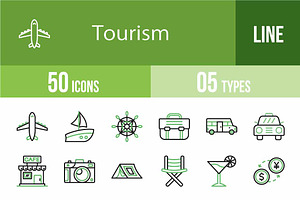 50 Tourism Green & Black Icons