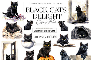 Watercolor Black Cat Clipart, Kitten