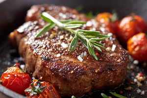 Juicy grilled beef steak with salt, a Food & Drink Photo by MistyDay