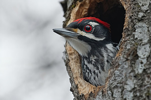 Woodpecker bird sitting in a hollow of tree trunk, an Animal Photo by AlyaAnd