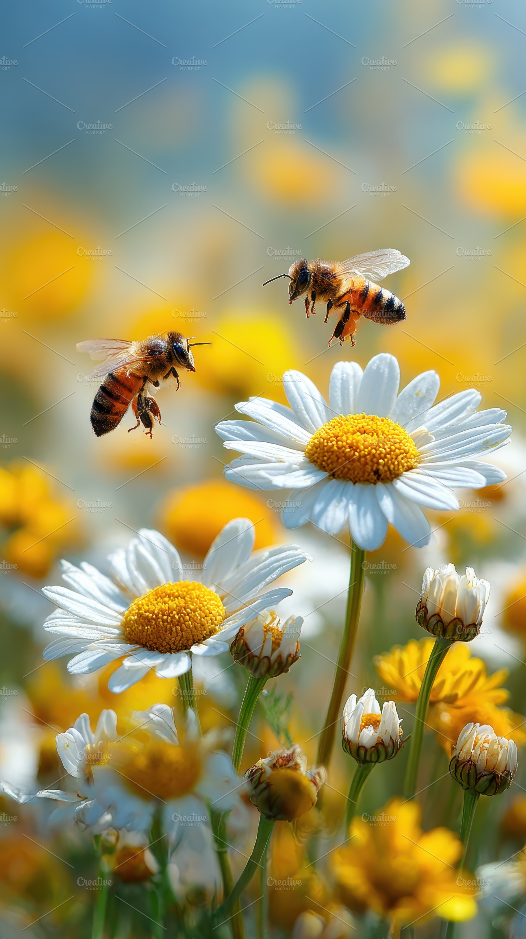 Bees flying near daisies in sunny fi, a Photo by Pixeness Studio