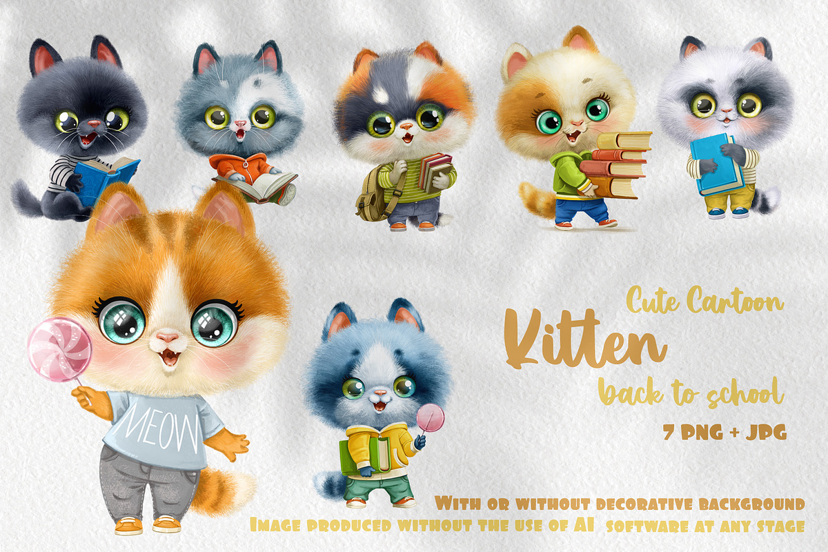 Cartoon kittens back to school set, an Animal Illustration by Azuzlikus (Photo 1 of 3)