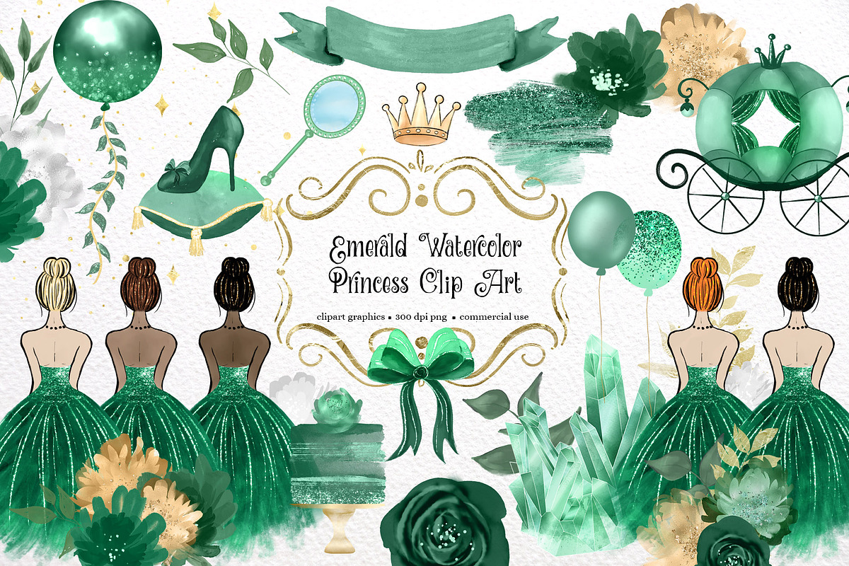 Emerald Watercolor Princess Clipart, an Illustration by Digital Curio (Photo 1 of 3)