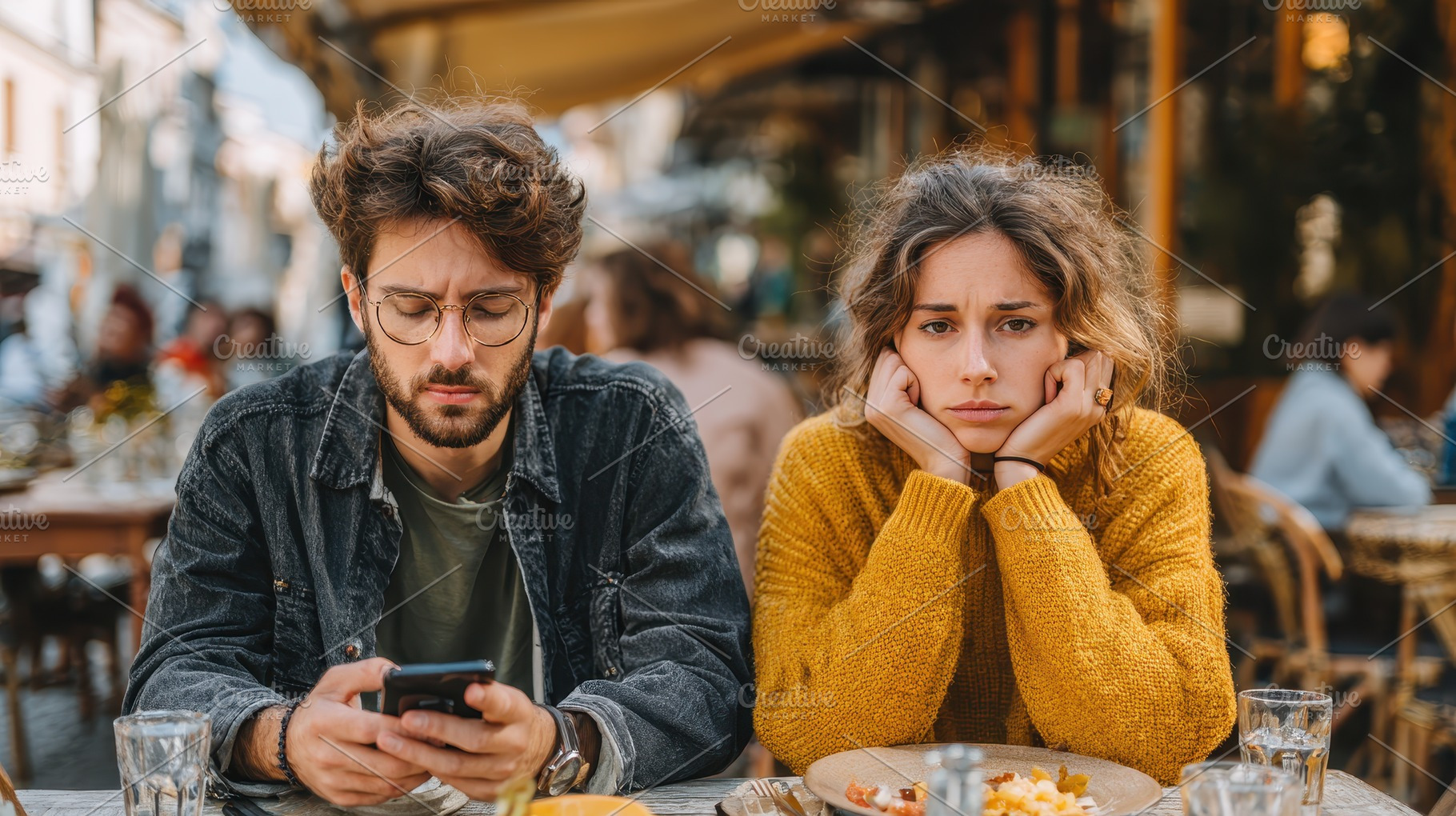 Upset couple outdoor cafe man phone, an Abstract Photo by Pixeness Studio