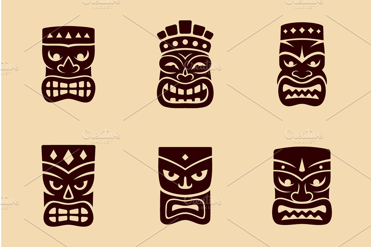 Set of six brown tiki masks on beige, an Illustration by GraphiShop