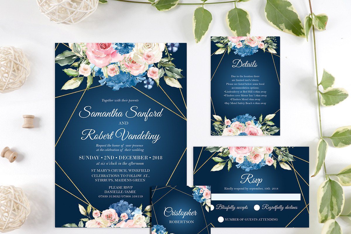 Navy and Blush Pink Roses Wedding, an Invitation Template by DreamsClipArt (Photo 2 of 3)