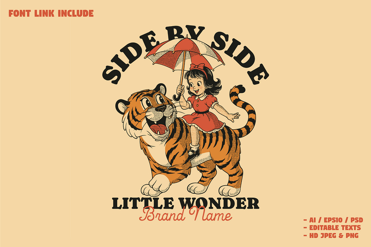 Little Girl with Happy Tiger Mascot, a Branding & Logo Template by Judsart (Photo 1 of 3)