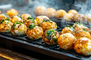 Takoyaki balls cooking on hot griddle, a Food & Drink Photo by Photostock