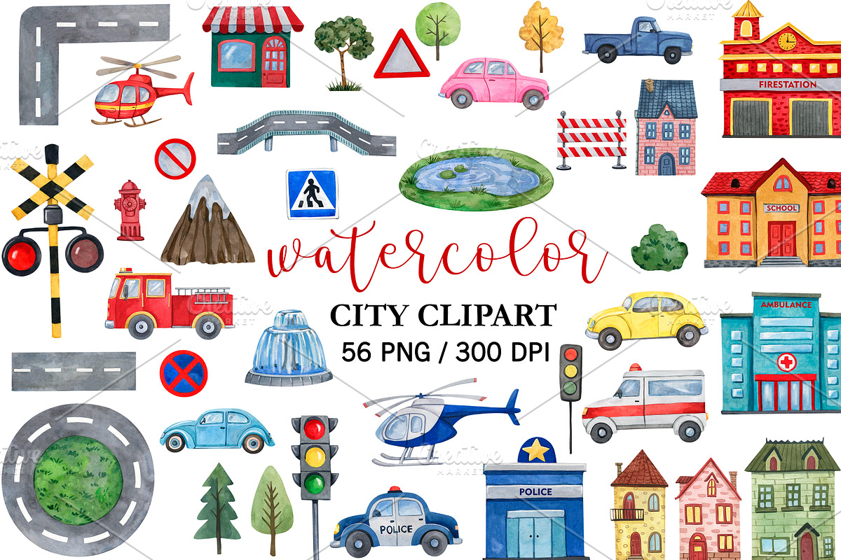 Watercolor Town Road Cars Houses PNG, a Transportation Illustration by PatternPalette (Photo 1 of 3)