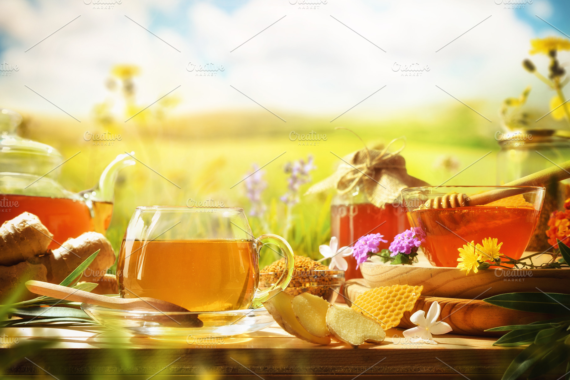 Infusions with natural products on wooden table in nature, a Food & Drink Photo by Davizro's Market